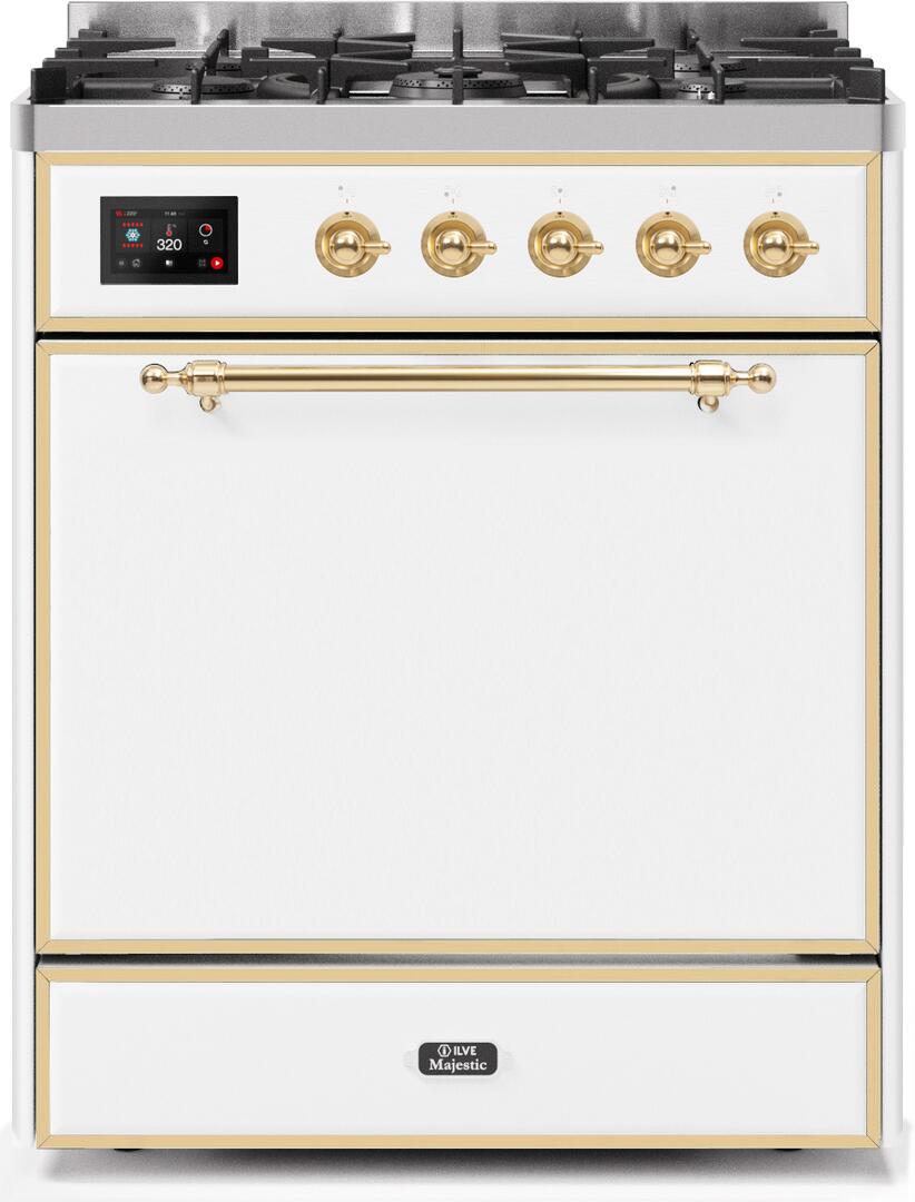 Ilve UM30DQNE3WHGLP Majestic Ii 30 Inch Dual Fuel Liquid Propane Freestanding Range In White With Brass Trim