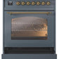 Ilve UP30NMPBGGLP Nostalgie Ii 30 Inch Dual Fuel Liquid Propane Freestanding Range In Blue Grey With Brass Trim