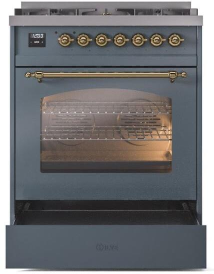 Ilve UP30NMPBGGLP Nostalgie Ii 30 Inch Dual Fuel Liquid Propane Freestanding Range In Blue Grey With Brass Trim