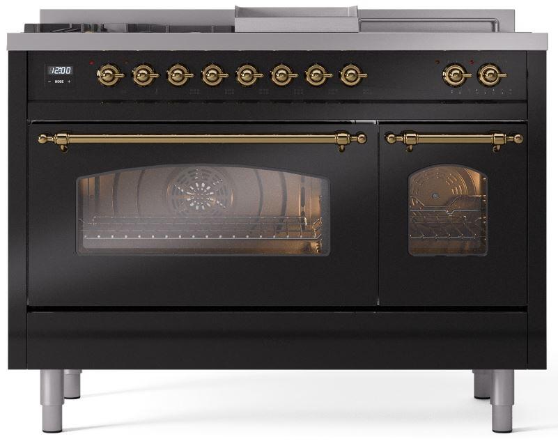 Ilve UP48FSNMPBKGLP Nostalgie Ii 48 Inch Dual Fuel Liquid Propane Freestanding Range In Glossy Black With Brass Trim