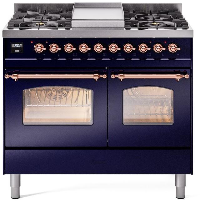 Ilve UPD40FNMPMBP Nostalgie Ii 40 Inch Dual Fuel Natural Gas Freestanding Range In Blue With Copper Trim