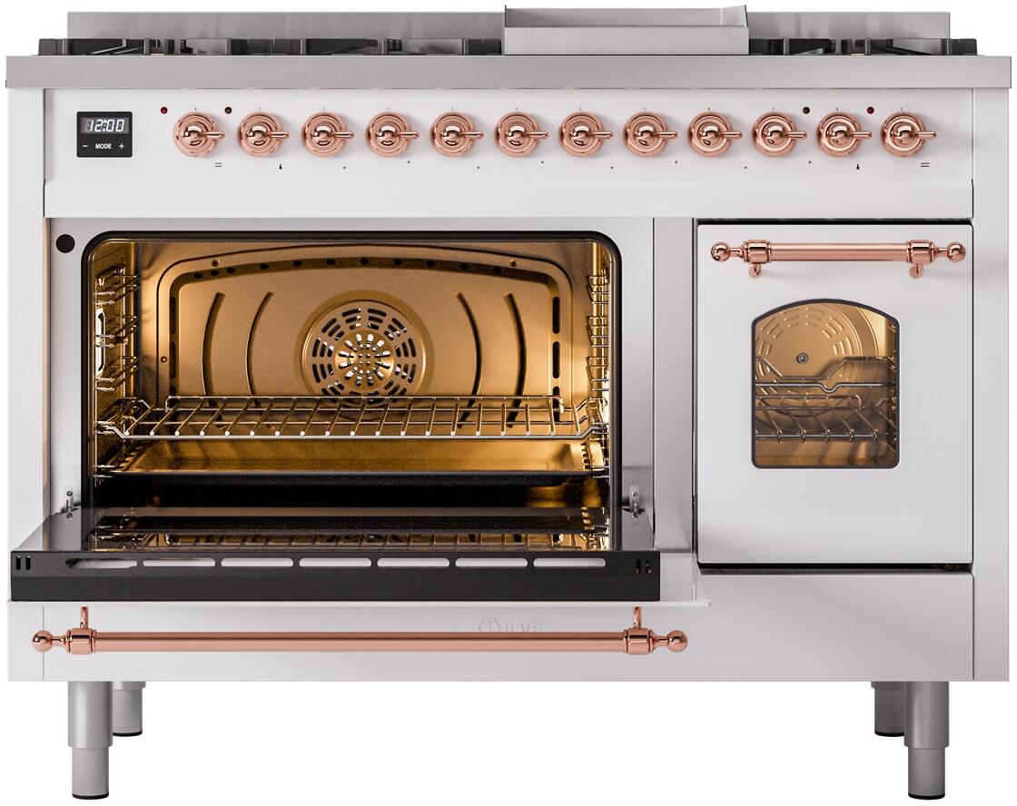 Ilve UP48FNMPWHP Nostalgie Ii 48 Inch Dual Fuel Natural Gas Freestanding Range In White With Copper Trim