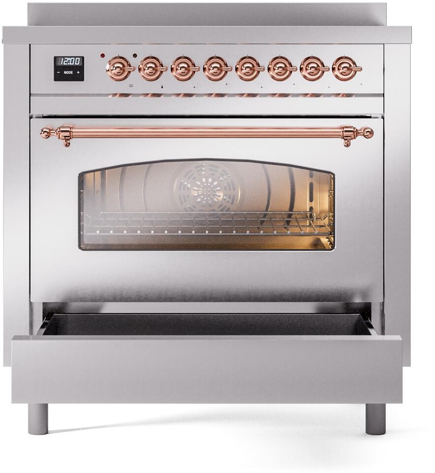 Ilve UPI366NMPSSP Nostalgie Ii 36 Inch Electric Freestanding Range In Stainless Steel With Copper Trim