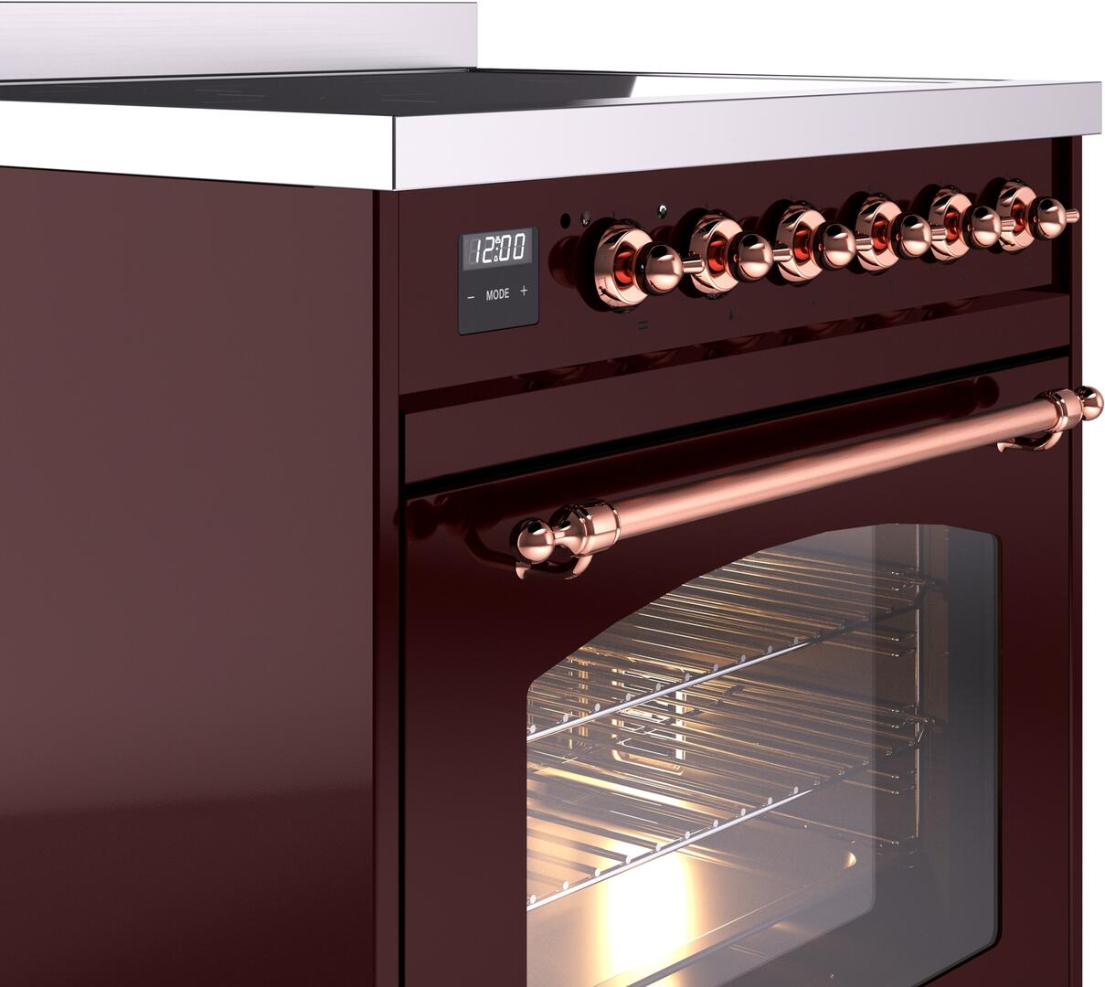 Ilve UPI304NMPBUP Nostalgie Ii 30 Inch Electric Freestanding Range In Burgundy With Copper Trim