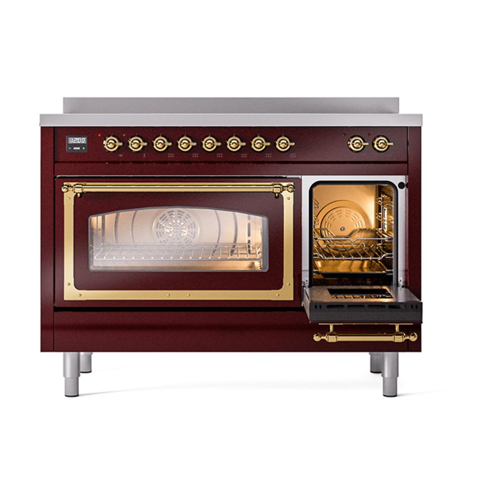 Ilve UNI486NMPBUG Ilve Uni486Nmpbug Nostalgie Ii Noblesse 48" Induction Range (Triple Glass Door, Burgundy, Brass)