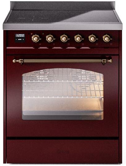 Ilve UPI304NMPBUB Nostalgie Ii 30 Inch Electric Freestanding Range In Burgundy With Bronze Trim