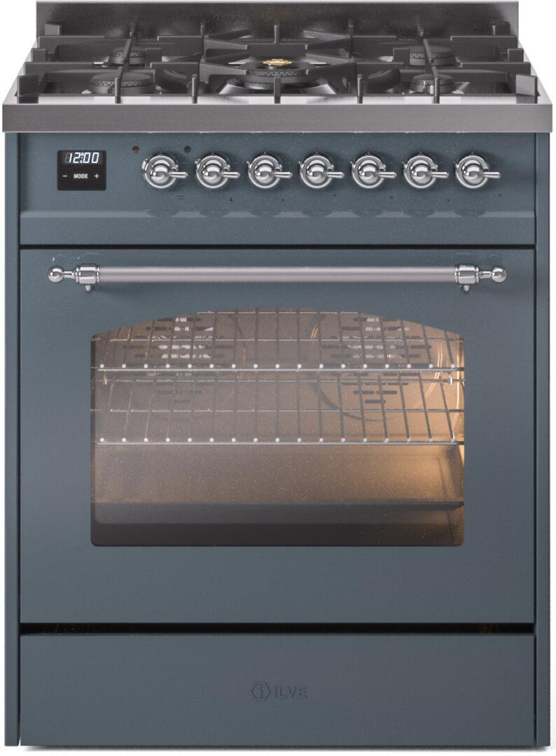 Ilve UP30NMPBGCLP Nostalgie Ii 30 Inch Dual Fuel Liquid Propane Freestanding Range In Blue Grey With Chrome Trim