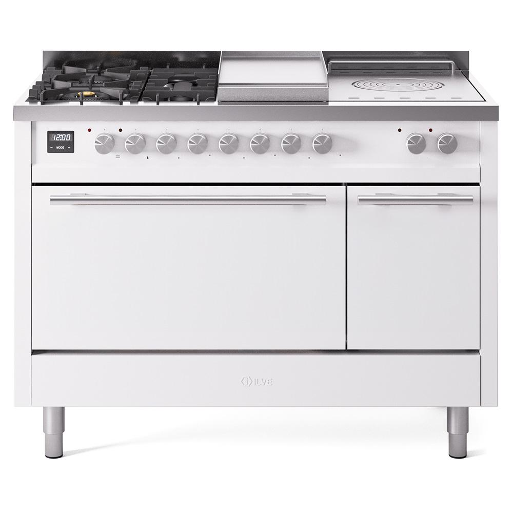 Ilve UP48FSQMPWHLP Ilve Professional Plus Ii 48 Up48Fsqmpwh Freestanding Dual Fuel Range With 5 Sealed Burners And French Top Double Oven With Solid Door In White With Stainless Steel Knobs