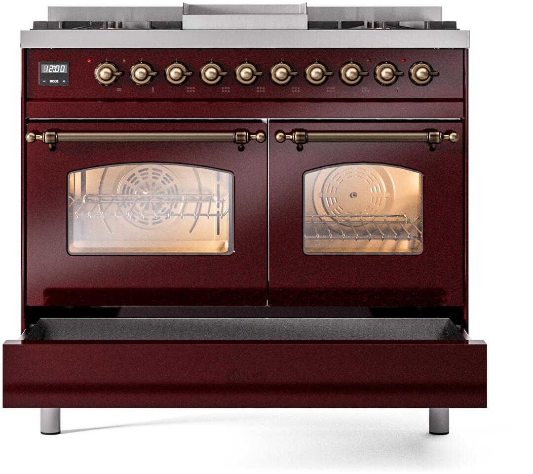 Ilve UPD40FNMPBUB Nostalgie Ii 40 Inch Dual Fuel Natural Gas Freestanding Range In Burgundy With Bronze Trim