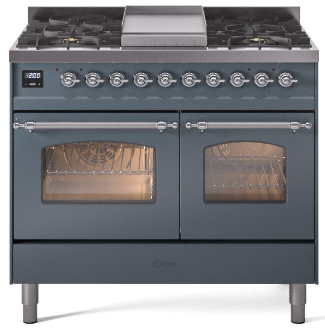 Ilve UPD40FNMPBGCLP Nostalgie Ii 40 Inch Dual Fuel Liquid Propane Freestanding Range In Blue Grey With Chrome Trim