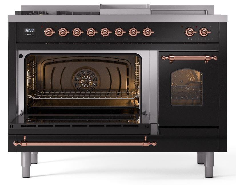 Ilve UP48FSNMPBKPLP Nostalgie Ii 48 Inch Dual Fuel Liquid Propane Freestanding Range In Glossy Black With Copper Trim