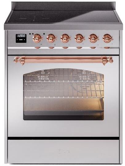 Ilve UPI304NMPSSP Nostalgie Ii 30 Inch Electric Freestanding Range In Stainless Steel With Copper Trim