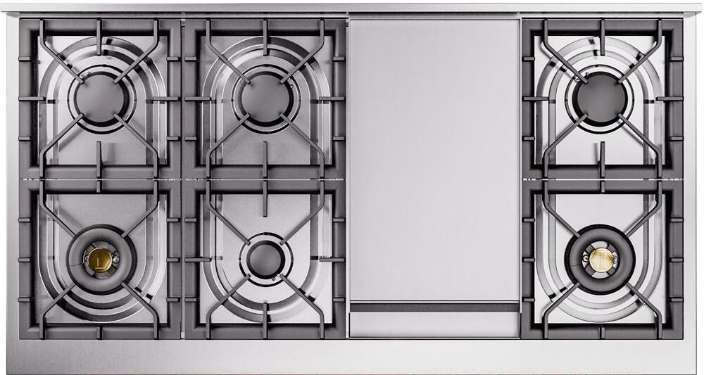 Ilve UP48FQNMPWHG Nostalgie Ii 48 Inch Dual Fuel Natural Gas Freestanding Range In White With Brass Trim