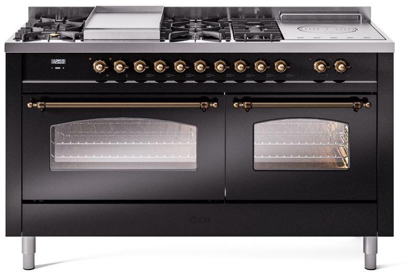 Ilve UP60FSNMPBKBLP Nostalgie Ii 60 Inch Dual Fuel Liquid Propane Freestanding Range In Glossy Black With Bronze Trim