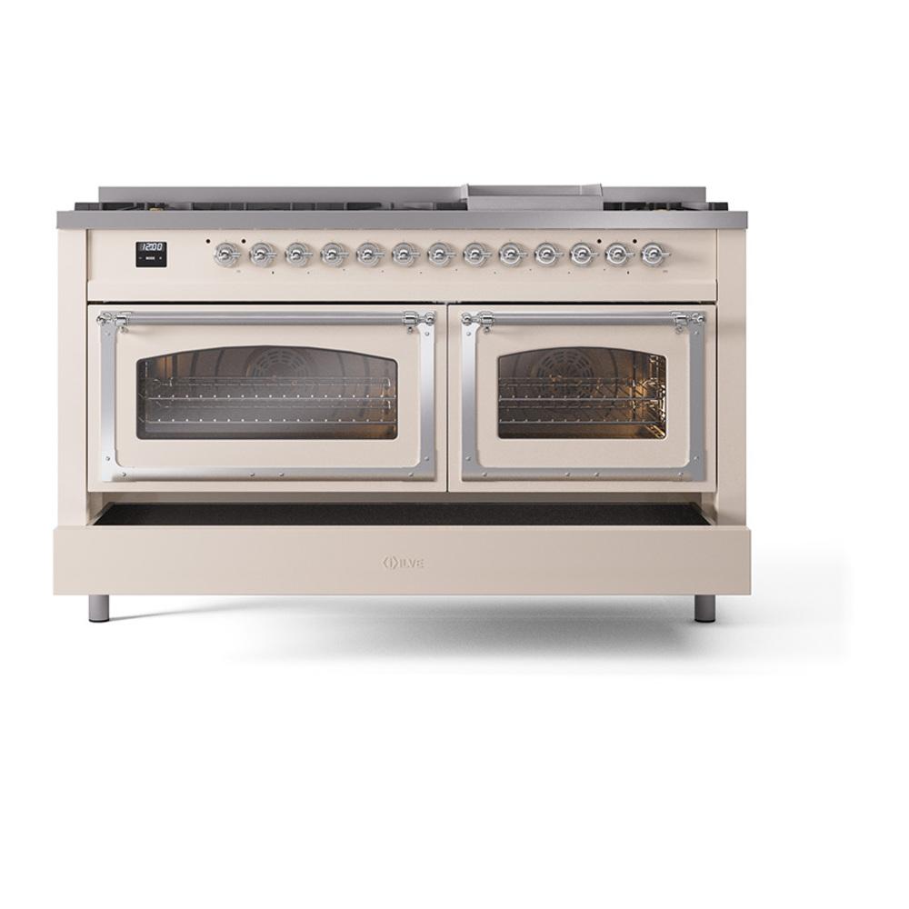 Ilve UN60FNMPAWC Ilve Un60Fnmpawc Nostalgie Ii Noblesse 60" Dual Fuel Range (9 Sealed Burners + Griddle, Natural Gas, Triple Glass Door, Antique White, Chrome)