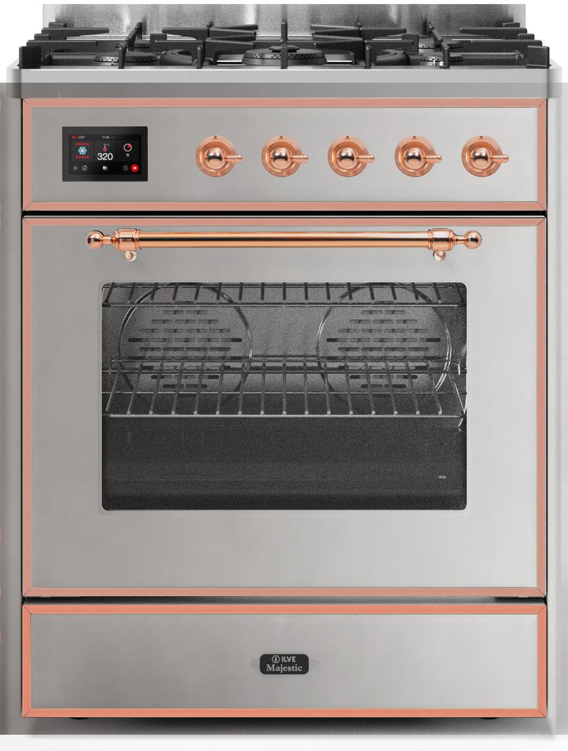 Ilve UM30DNE3SSP Majestic Ii 30 Inch Dual Fuel Natural Gas Freestanding Range In Stainless Steel With Copper Trim