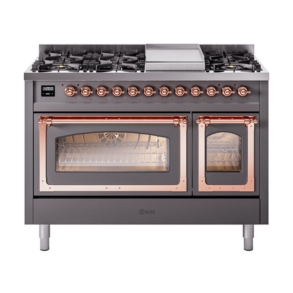 Ilve UN48FNMPMGPLP Ilve Un48Fnmpmgplp Nostalgie Ii Noblesse 48" Dual Fuel Range (8 Sealed Burners + Griddle, Liquid Propane, Triple Glass Door, Graphite Matte, Copper)