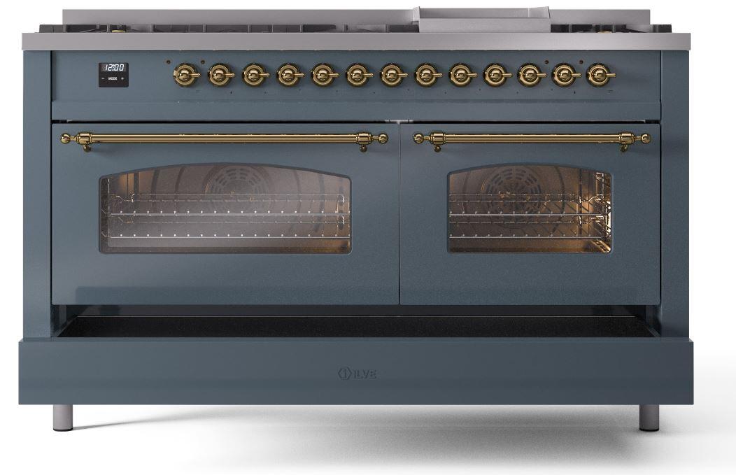 Ilve UP60FNMPBGG Nostalgie Ii 60 Inch Dual Fuel Natural Gas Freestanding Range In Blue Grey With Brass Trim