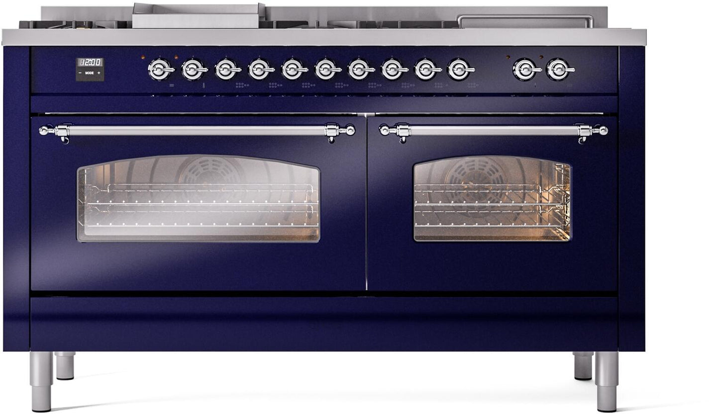 Ilve UP60FSNMPMBC Nostalgie Ii 60 Inch Dual Fuel Natural Gas Freestanding Range In Blue With Chrome Trim