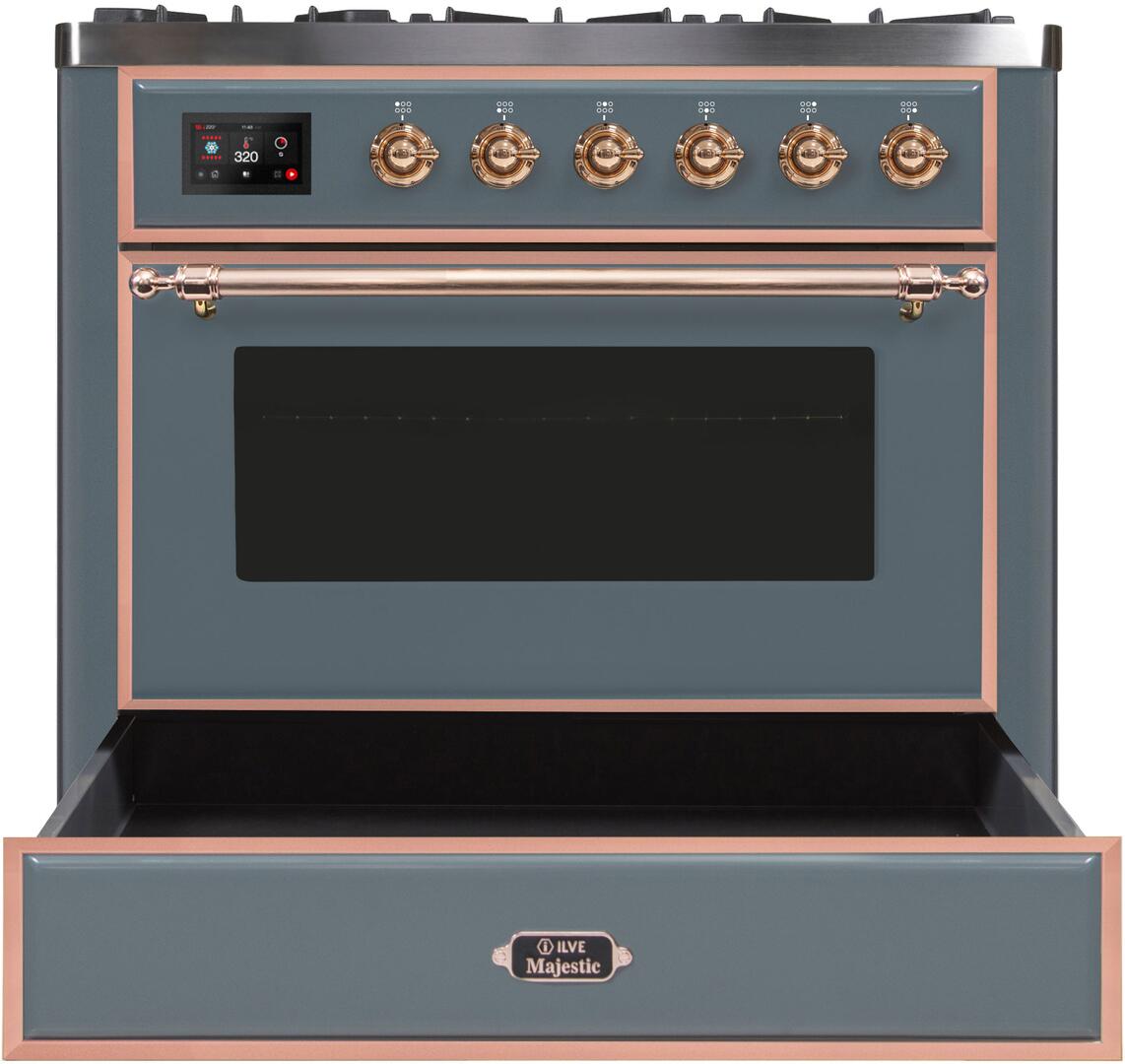 Ilve UM09FDNS3BGPLP Majestic Ii 36 Inch Dual Fuel Liquid Propane Freestanding Range In Blue Grey With Copper Trim