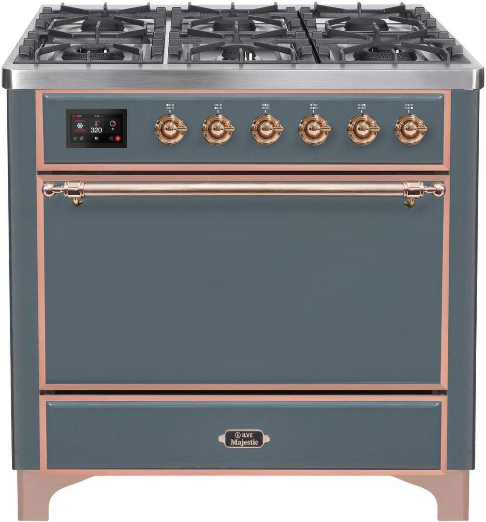 Ilve UM09FDQNS3BGP 36 Inch Dual Fuel Natural Gas Freestanding Range In Blue Grey With Copper Trim