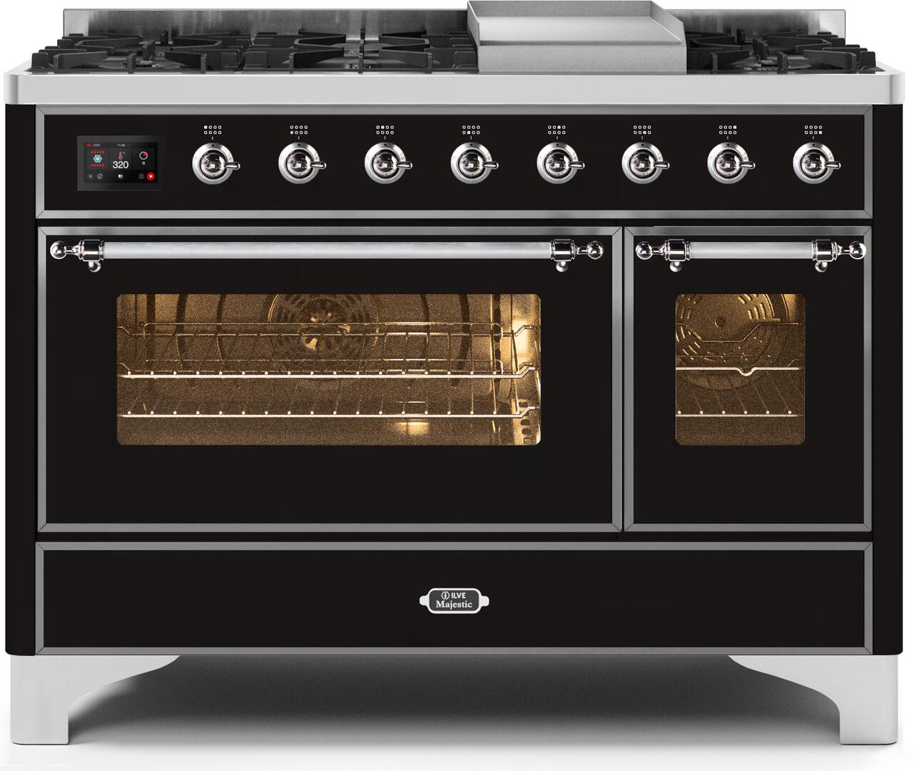 Ilve UM12FDNS3BKCLP Majestic Ii 48 Inch Dual Fuel Liquid Propane Freestanding Range In Glossy Black With Chrome Trim