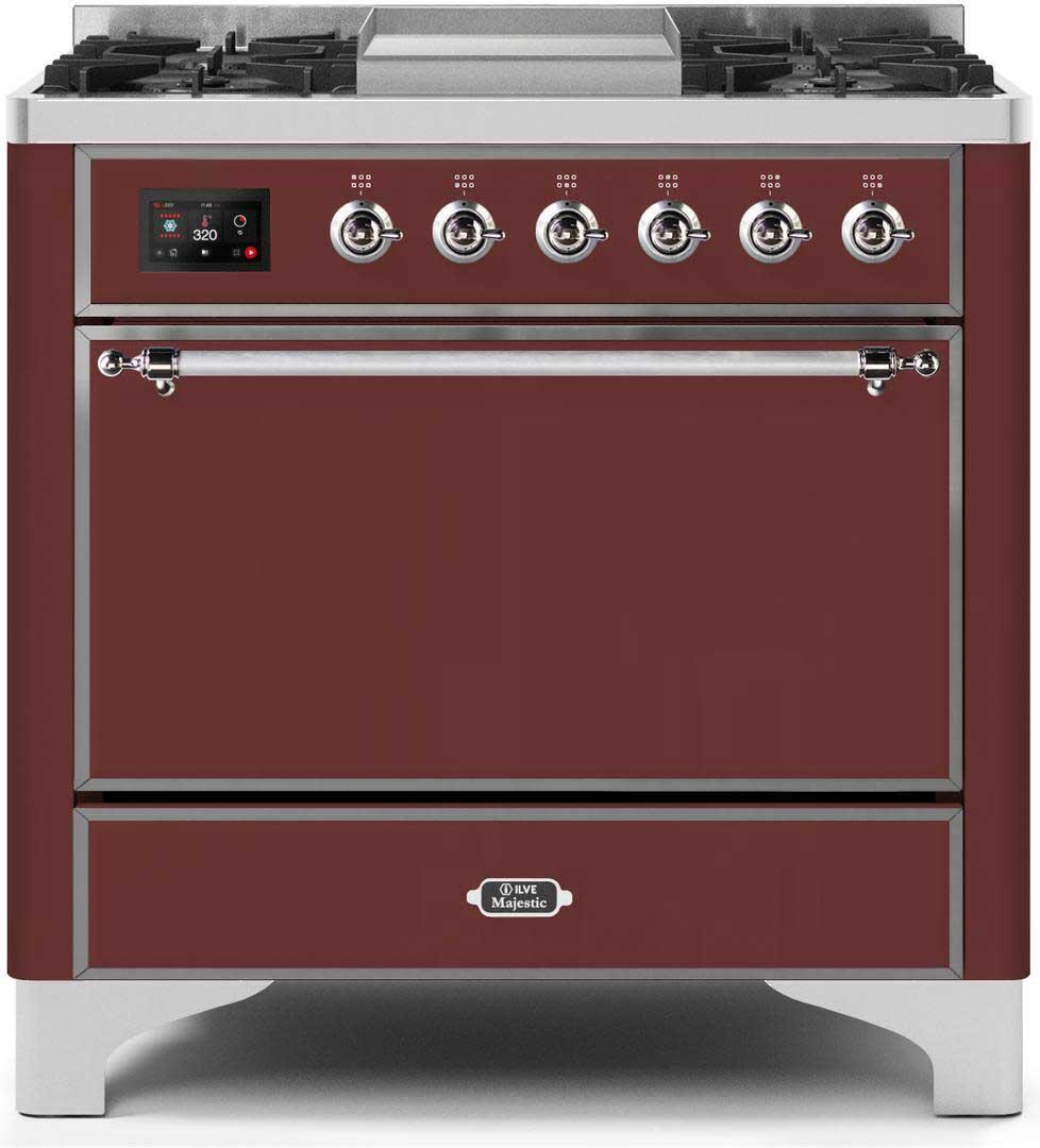 Ilve UM09FDQNS3BUCLP Majestic Ii 36 Inch Dual Fuel Liquid Propane Freestanding Range In Burgundy With Chrome Trim