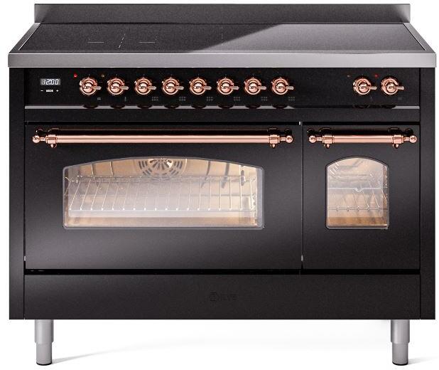 Ilve UPI486NMPBKP Nostalgie Ii 48 Inch Electric Freestanding Range In Glossy Black With Copper Trim