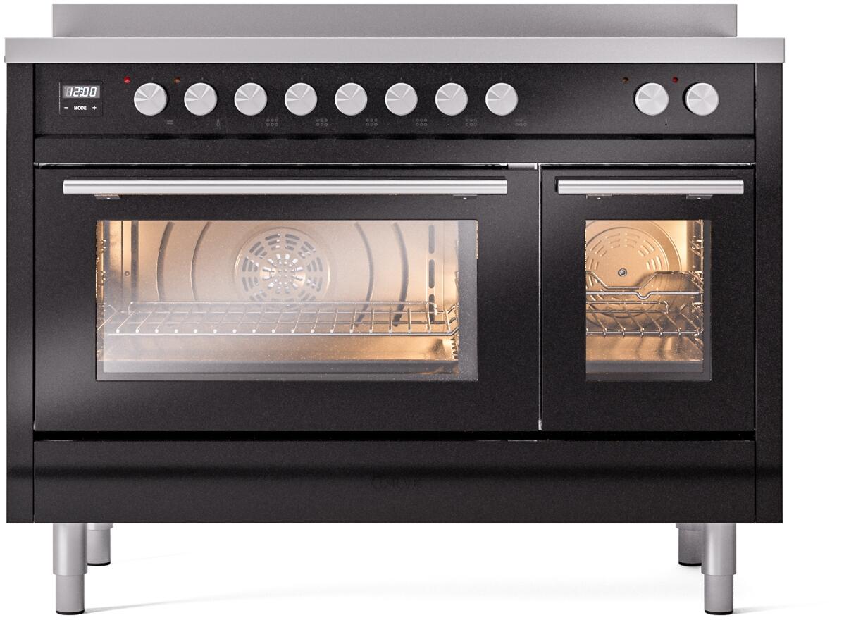 Ilve UPI486WMPBK Professional Plus Ii 48 Inch Electric Freestanding Range In Glossy Black With Trim