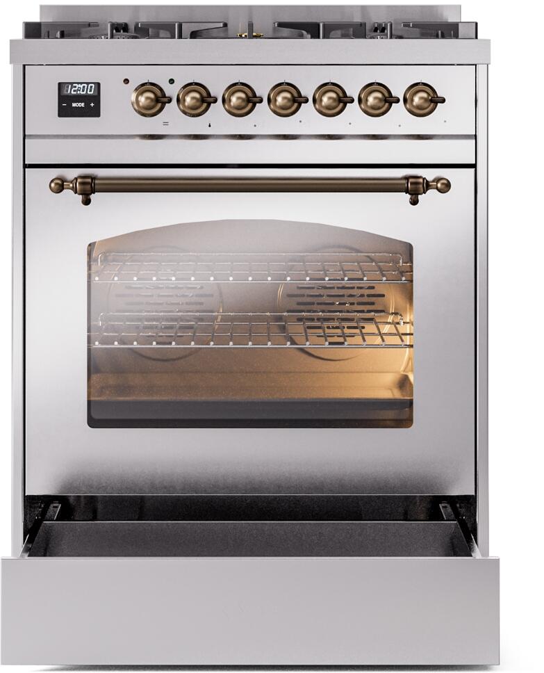 Ilve UP30NMPSSBLP Nostalgie Ii 30 Inch Dual Fuel Liquid Propane Freestanding Range In Stainless Steel With Bronze Trim