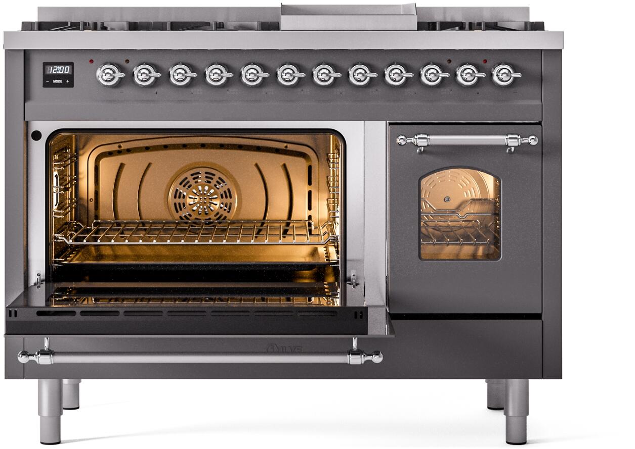 Ilve UP48FNMPMGC Nostalgie Ii 48 Inch Dual Fuel Natural Gas Freestanding Range In Matte Graphite With Chrome Trim