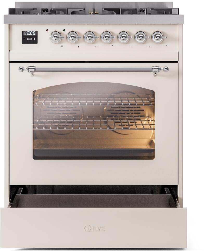 Ilve UP30NMPAWC Nostalgie Ii 30 Inch Dual Fuel Natural Gas Freestanding Range In Antique White With Chrome Trim