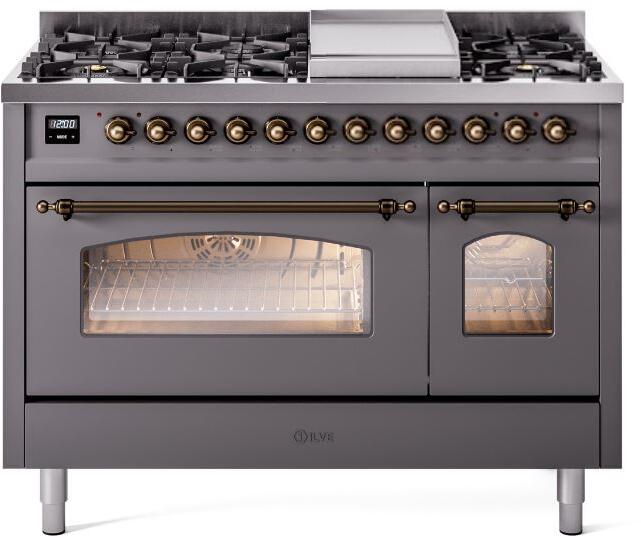 Ilve UP48FNMPMGB Nostalgie Ii 48 Inch Dual Fuel Natural Gas Freestanding Range In Matte Graphite With Bronze Trim