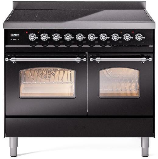 Ilve UPDI406NMPBKC Nostalgie Ii 40 Inch Electric Freestanding Range In Glossy Black With Chrome Trim