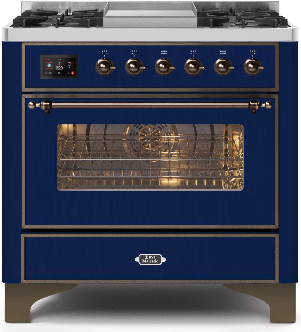 Ilve UM09FDNS3MBBLP Majestic Ii 36 Inch Dual Fuel Liquid Propane Freestanding Range In Blue With Bronze Trim