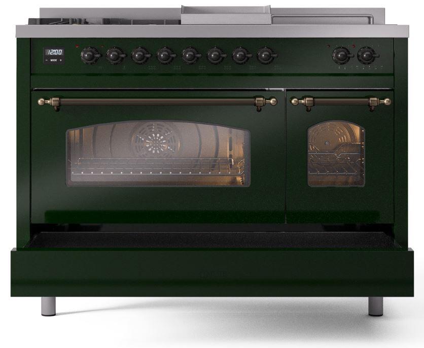 Ilve UP48FSNMPEGB Nostalgie Ii 48 Inch Dual Fuel Natural Gas Freestanding Range In Emerald Green With Bronze Trim