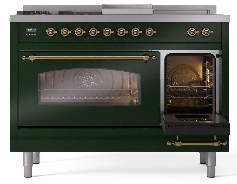 Ilve UP48FSNMPEGG Nostalgie Ii 48 Inch Dual Fuel Natural Gas Freestanding Range In Emerald Green With Brass Trim