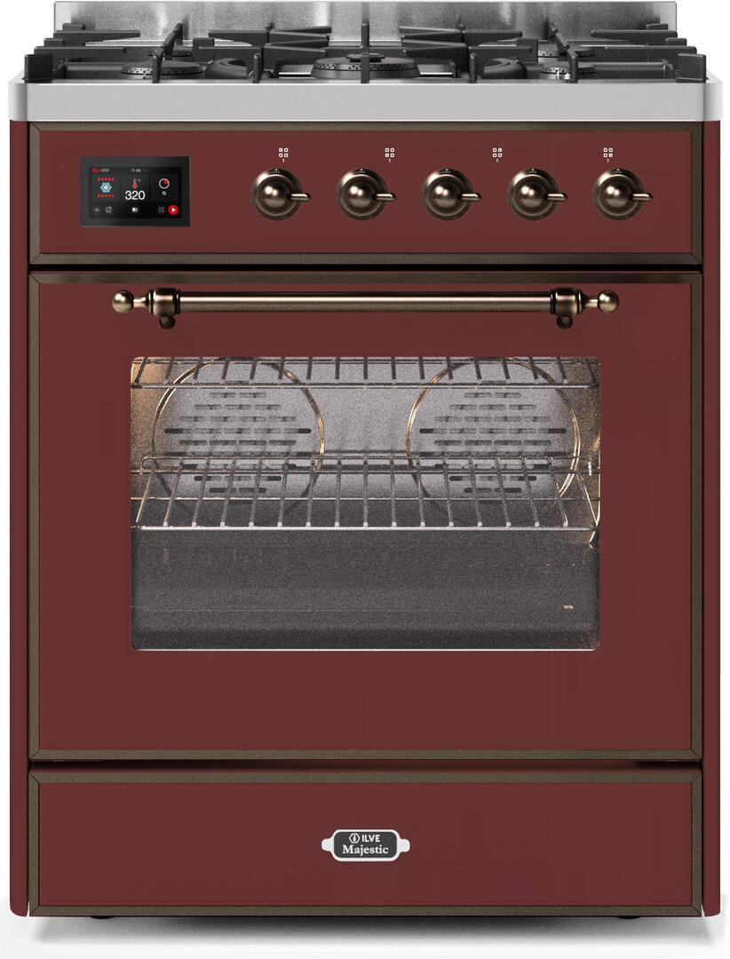 Ilve UM30DNE3BUBLP Majestic Ii 30 Inch Dual Fuel Liquid Propane Freestanding Range In Burgundy With Bronze Trim