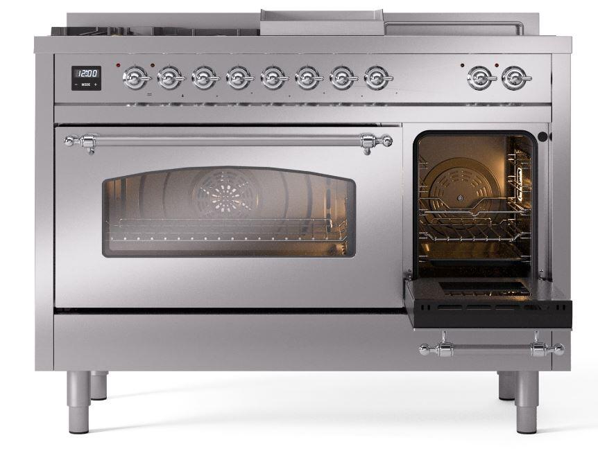 Ilve UP48FSNMPSSCLP Nostalgie Ii 48 Inch Dual Fuel Liquid Propane Freestanding Range In Stainless Steel With Chrome Trim