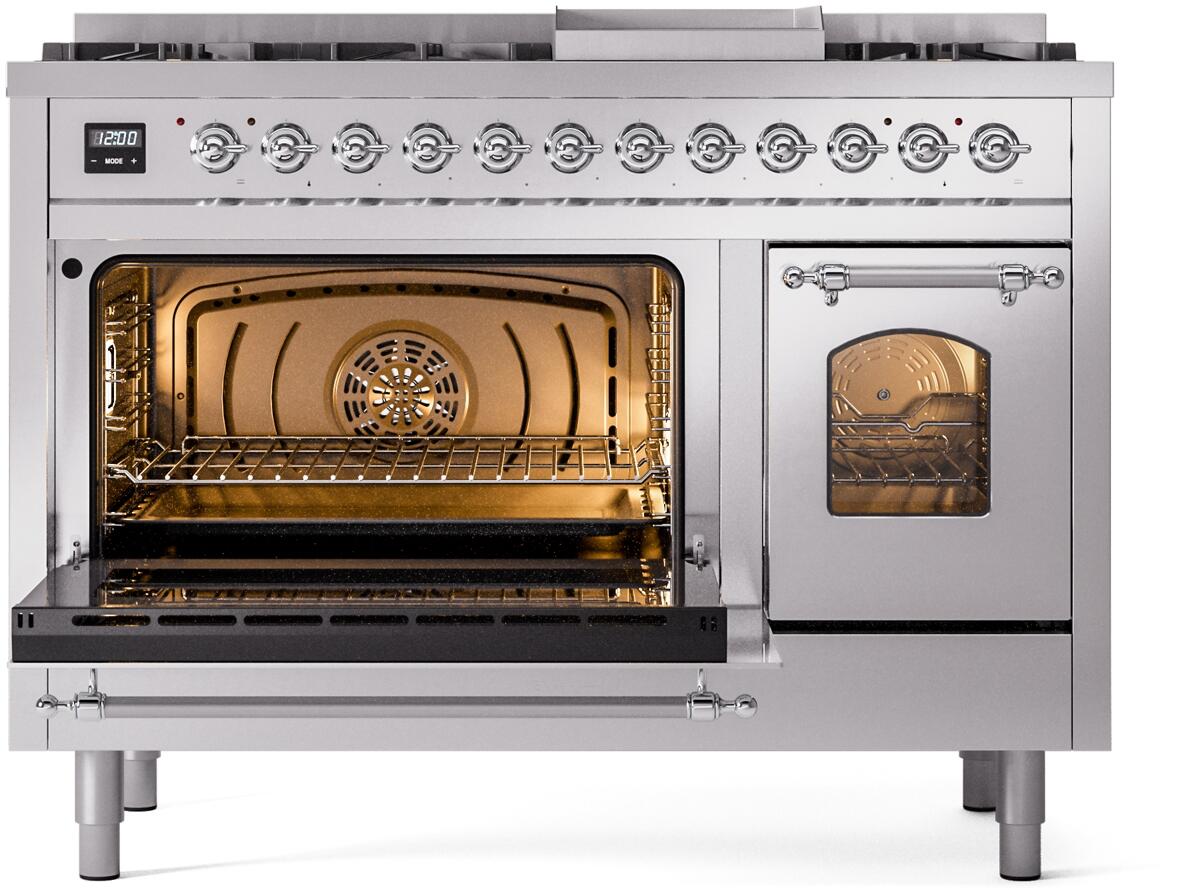 Ilve UP48FNMPSSC Nostalgie Ii 48 Inch Dual Fuel Natural Gas Freestanding Range In Stainless Steel With Chrome Trim