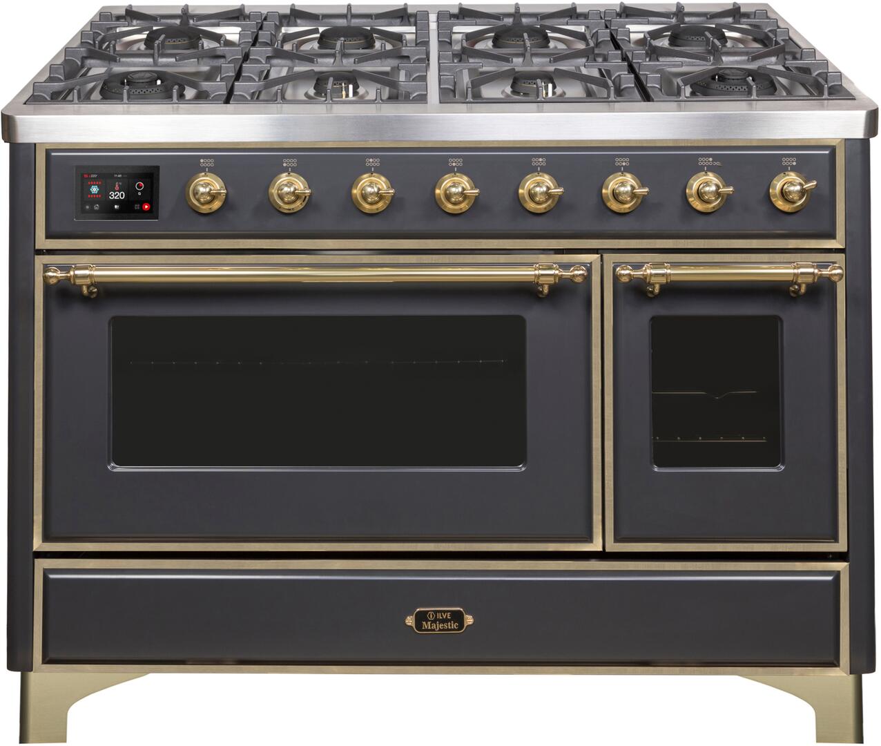 Ilve UM12FDNS3MGGLP Majestic Ii 48 Inch Dual Fuel Liquid Propane Freestanding Range In Matte Graphite With Brass Trim