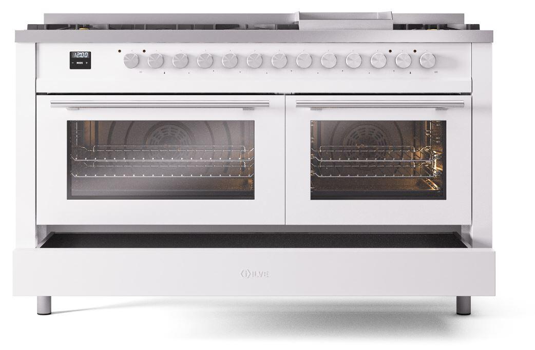 Ilve UP60FWMPWHLP Professional Plus Ii 60 Inch Dual Fuel Liquid Propane Freestanding Range In White With Trim