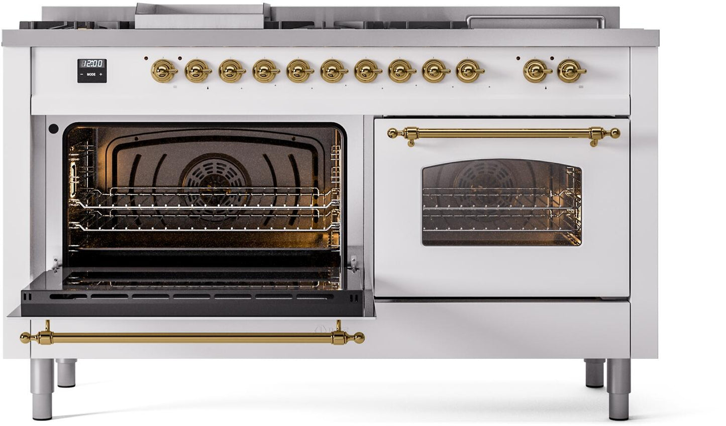 Ilve UP60FSNMPWHG Nostalgie Ii 60 Inch Dual Fuel Natural Gas Freestanding Range In White With Brass Trim