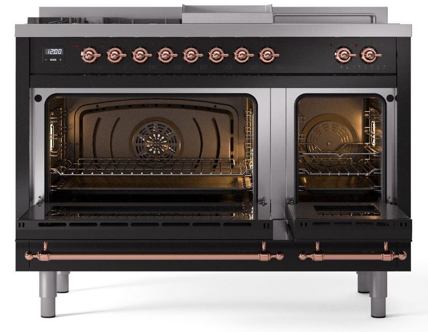 Ilve UP48FSNMPBKPLP Nostalgie Ii 48 Inch Dual Fuel Liquid Propane Freestanding Range In Glossy Black With Copper Trim