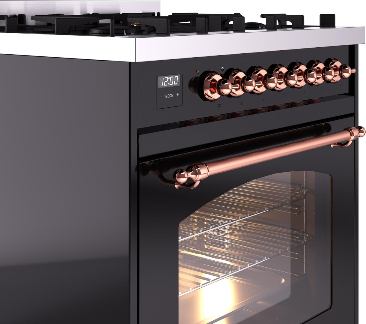 Ilve UP30NMPBKPLP Nostalgie Ii 30 Inch Dual Fuel Liquid Propane Freestanding Range In Glossy Black With Copper Trim