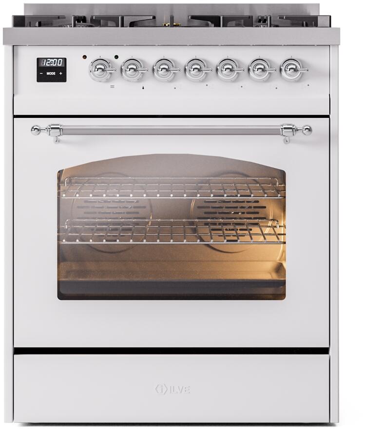 Ilve UP30NMPWHC Nostalgie Ii 30 Inch Dual Fuel Natural Gas Freestanding Range In White With Chrome Trim