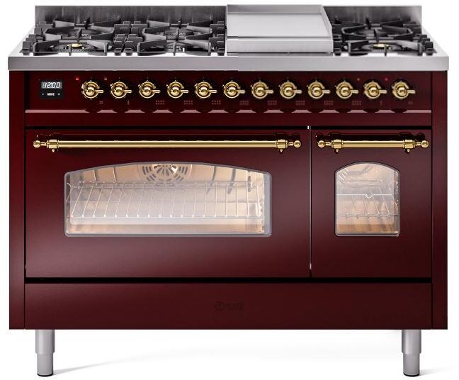 Ilve UP48FNMPBUG Nostalgie Ii 48 Inch Dual Fuel Natural Gas Freestanding Range In Burgundy With Brass Trim