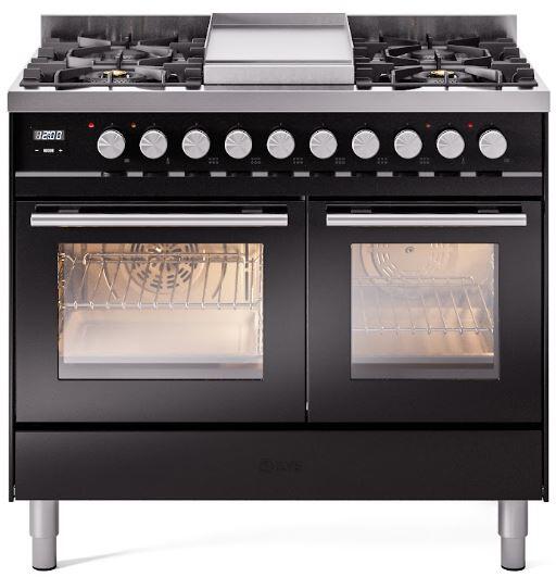 Ilve UPD40FWMPBKLP Professional Plus Ii 40 Inch Dual Fuel Liquid Propane Freestanding Range In Glossy Black With Trim