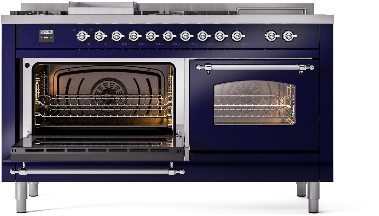 Ilve UP60FSNMPMBCLP Nostalgie Ii 60 Inch Dual Fuel Liquid Propane Freestanding Range In Blue With Chrome Trim