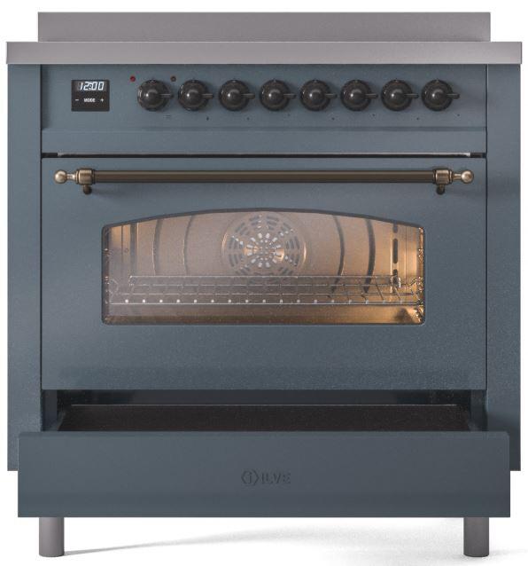 Ilve UPI366NMPBGB Nostalgie Ii 36 Inch Electric Freestanding Range In Blue Grey With Bronze Trim